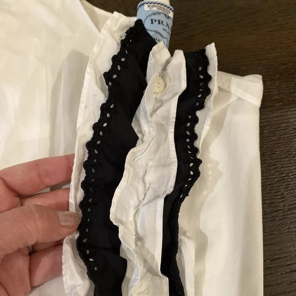 Prada White Poplin Surplice Smocked Waist Black Ruffle Dress Size IT 42- US 6 - Picture 12 of 12